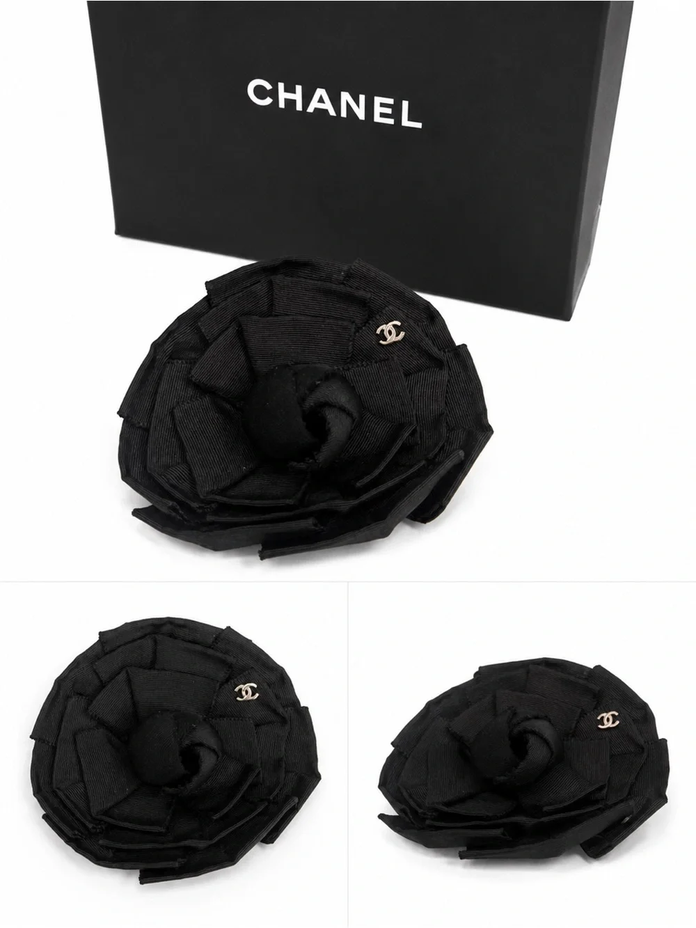 CHANEL Black Camellia Fabric Flower Pin with Gold CC Accent